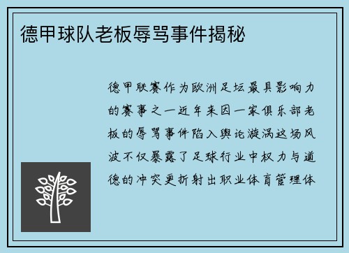 德甲球队老板辱骂事件揭秘
