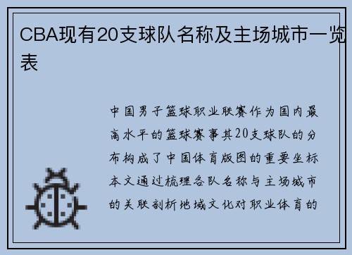 CBA现有20支球队名称及主场城市一览表